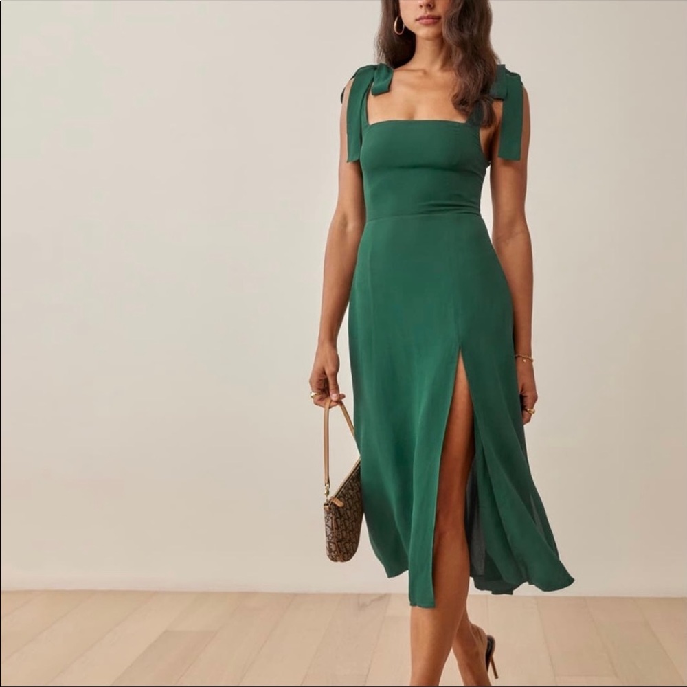 Reformation Forest Green Midi Dress with Tie Shoulders
